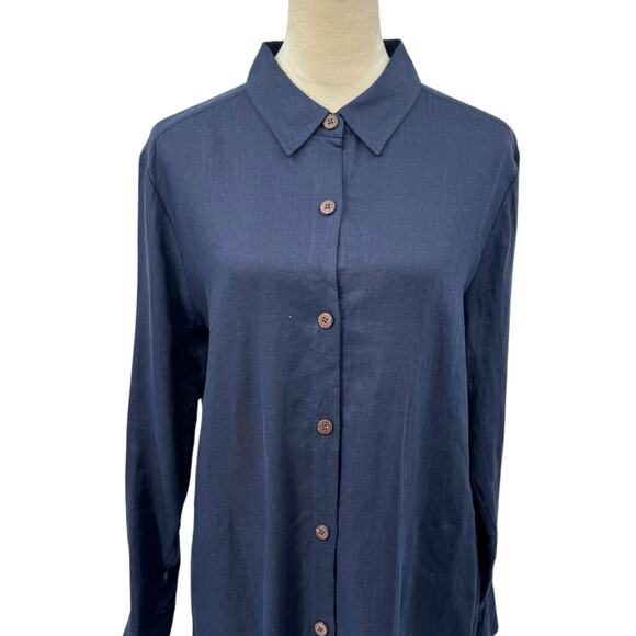 Go Silk Navy Blue 100% Linen Long Sleeves Button Front Shift Shirt Dress - Picture 6 of 13